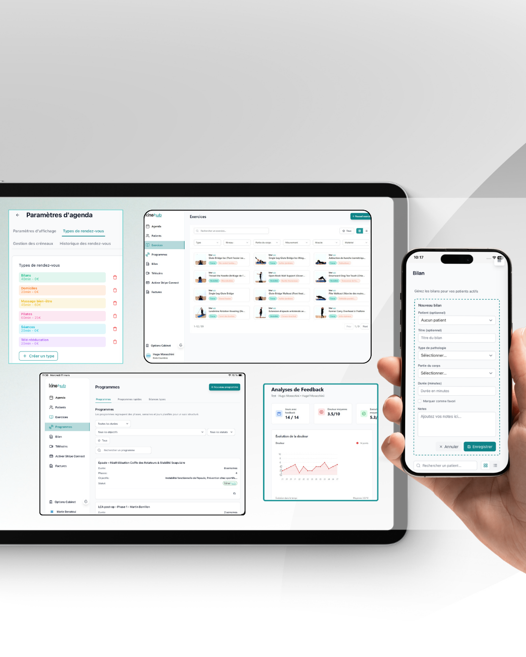 Praticien utilisant KineHub pour la prescription d'exercices de kinésithérapie